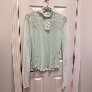 Free People SZ M Women’s Iced Aqua Smocked Turtleneck NWT Lightweight Cotton Top